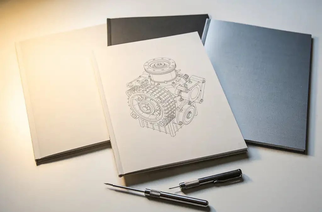 Three technical manuals fanned on a white desk, one open to a mechanical diagram, with a precision screwdriver resting alongside.