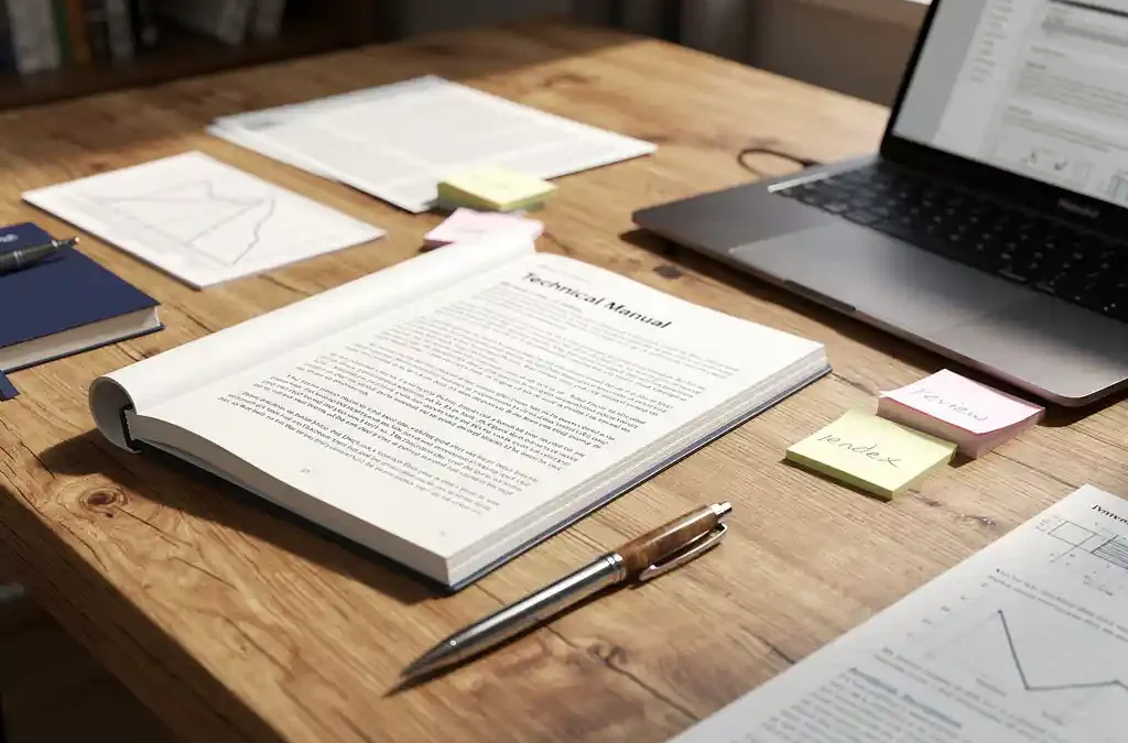 Technical writer's oak desk with open printed manual, pen, scattered reference notes, and laptop in warm natural light.