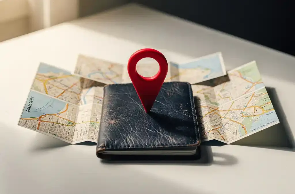 Worn leather passport and folded international city maps on a white desk with a red location pin at center, soft morning light.