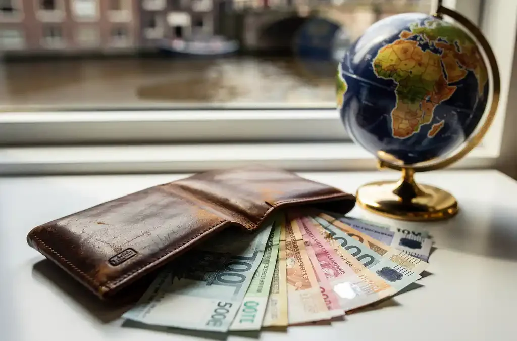 Worn leather travel wallet with international currency notes and small globe on white desk, Amsterdam canal visible through window background.