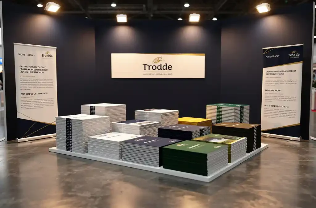Beursstand met groot formaat banners, gevouwen brochures en branded rollup displays op een gepolijste beursvloer, verlicht door warm amberkleurig spotlicht.