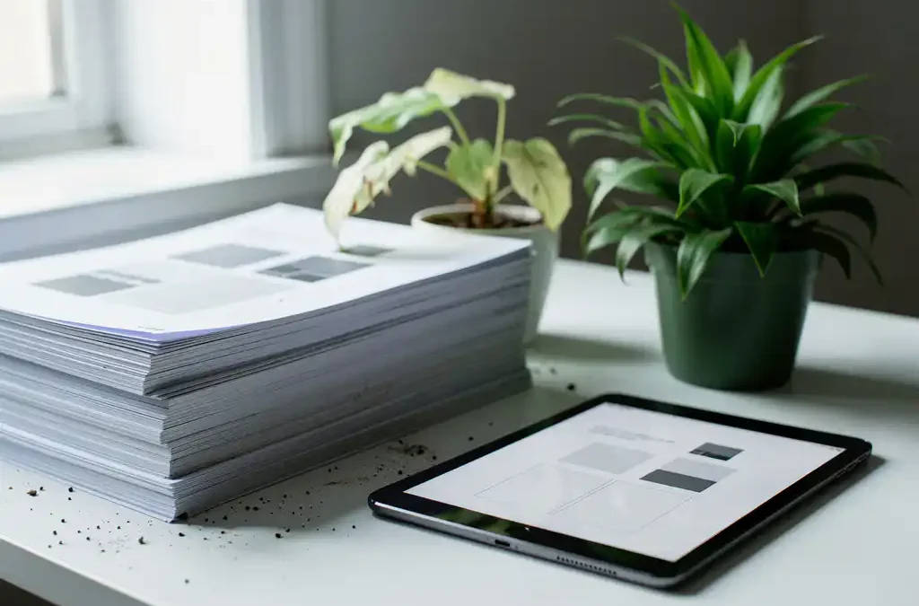 Dikke stapel gedrukte producthandleidingen naast een tablet met hetzelfde document, verwelkte plant bij papier, gezonde plant bij tablet.
