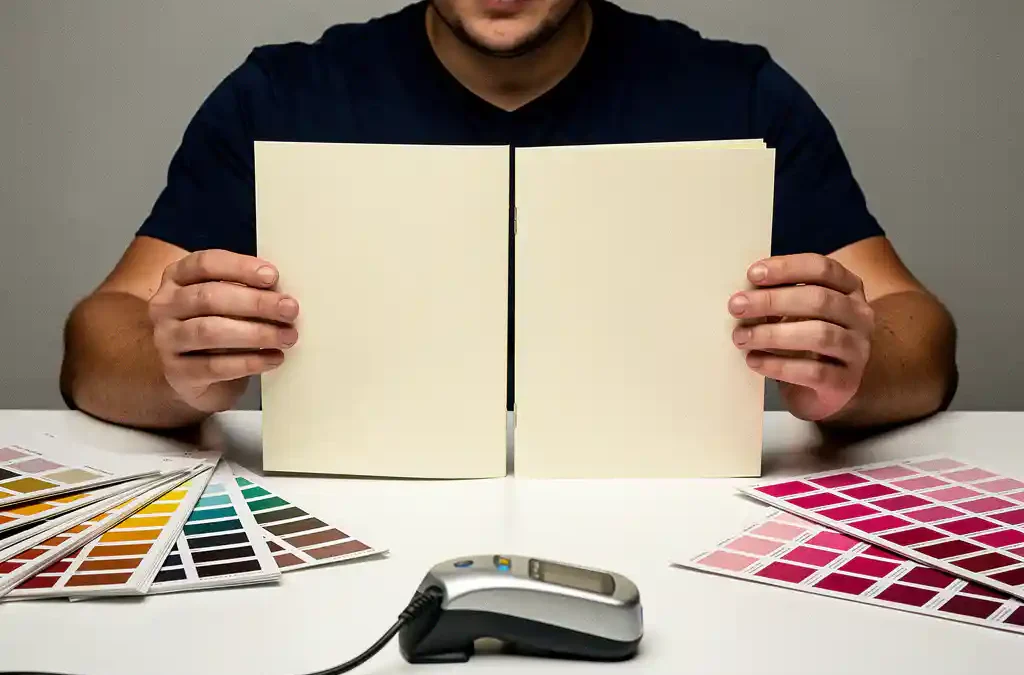 Drukker vergelijkt twee identieke brochures onder studiolicht op kleurverschillen, met inktstalenboeken en spectrofotometer op productietafel.