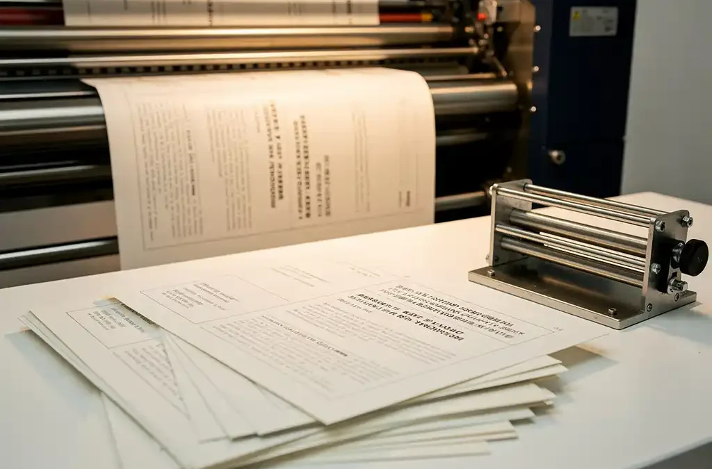 Professionele drukpers met meertalige documenten, gevouwen pagina's op witte studiotafel met inbindgereedschap in warm studiolicth.