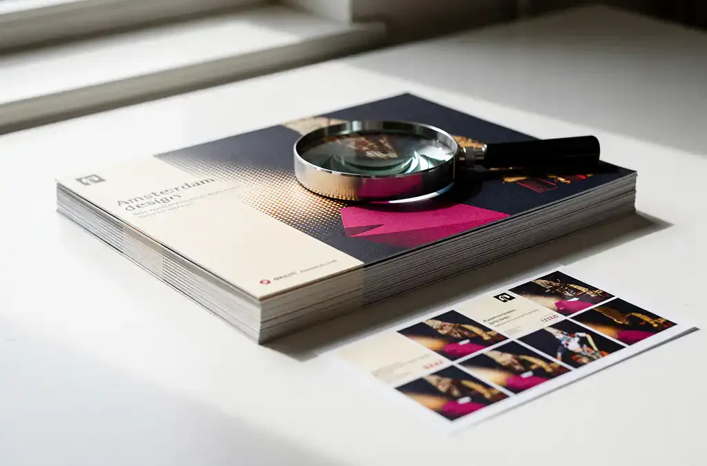 Stapel full-color brochures naast een digitale proefdruk op een Amsterdams bureau, met loupe op inktdetails in navy, crème en magenta.