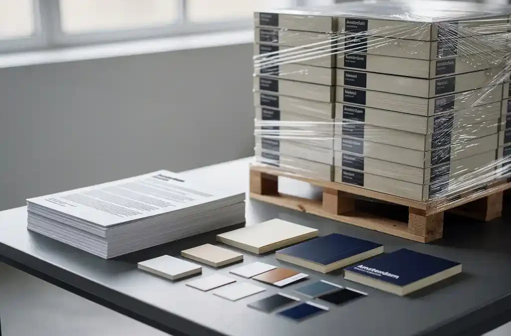 Stapel losse gedrukte documenten naast pallets met handboeken in dozen op een werktafel in Amsterdam-studio, met papiermonsters en inktstalen.