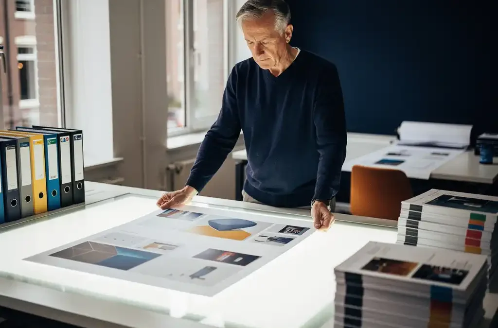 Printproductiebeheerder bekijkt groot formaat producthandleiding op lichttafel, technische documentatiemappen op modern Amsterdams kantoor.