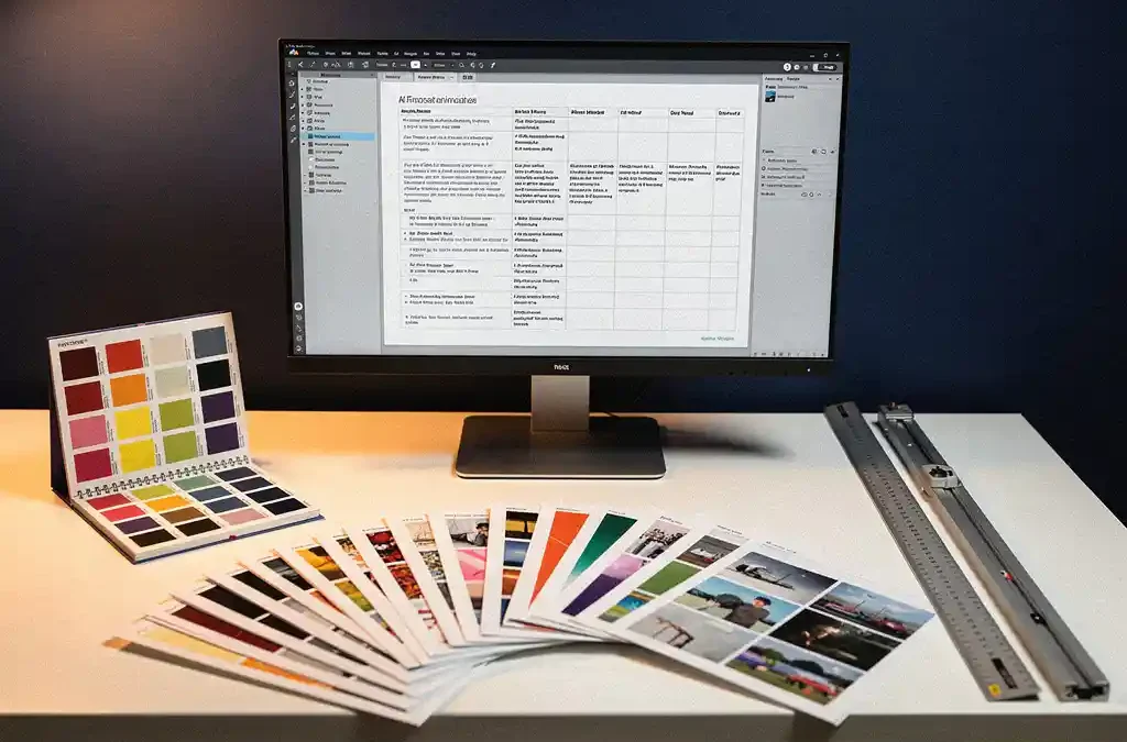 DTP-werkstation met groot scherm waarop een meertalig document is opgemaakt, omringd door kleurproeven, Pantone-staalboek en linialen.