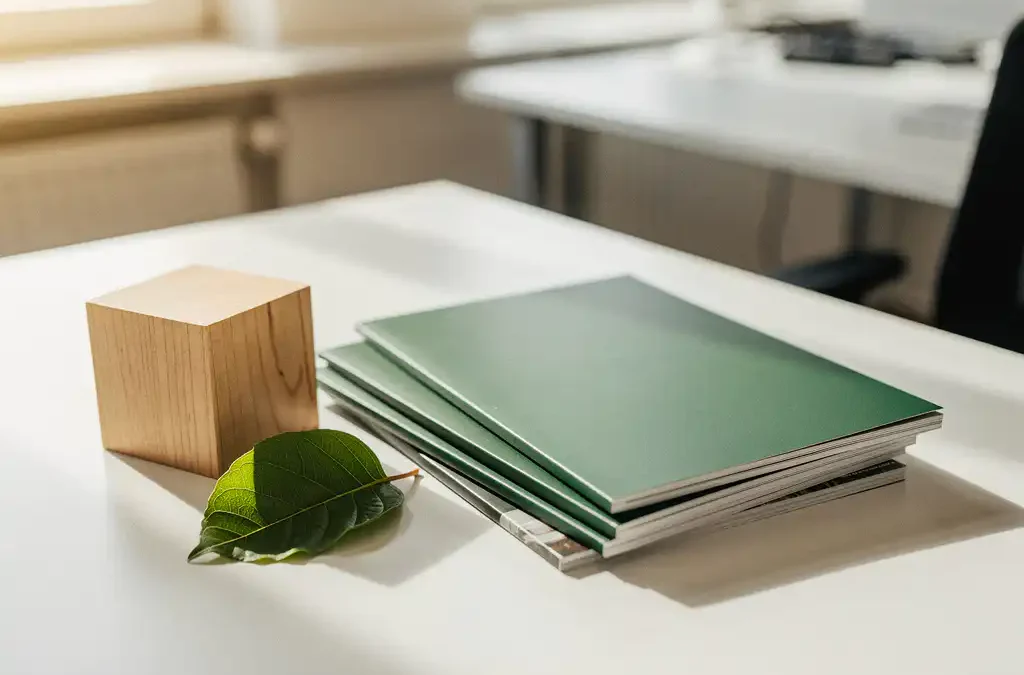 Gestapelde FSC-gecertificeerde brochures en handleidingen op wit bureau met houten blokje en groen blad in Amsterdam kantoor.
