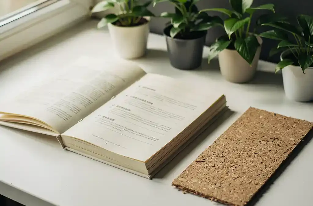 Stapel milieuvriendelijke producthandleidingen op wit bureau, omgeven door kamerplanten en gerecycled kraftpapier, opengeslagen op meertalige pagina's.