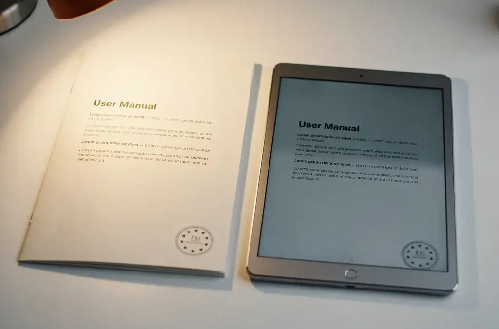Gedrukte papieren handleiding naast een tablet met hetzelfde document op een wit bureau, met een EU-regelgevingsstempel op het papier.