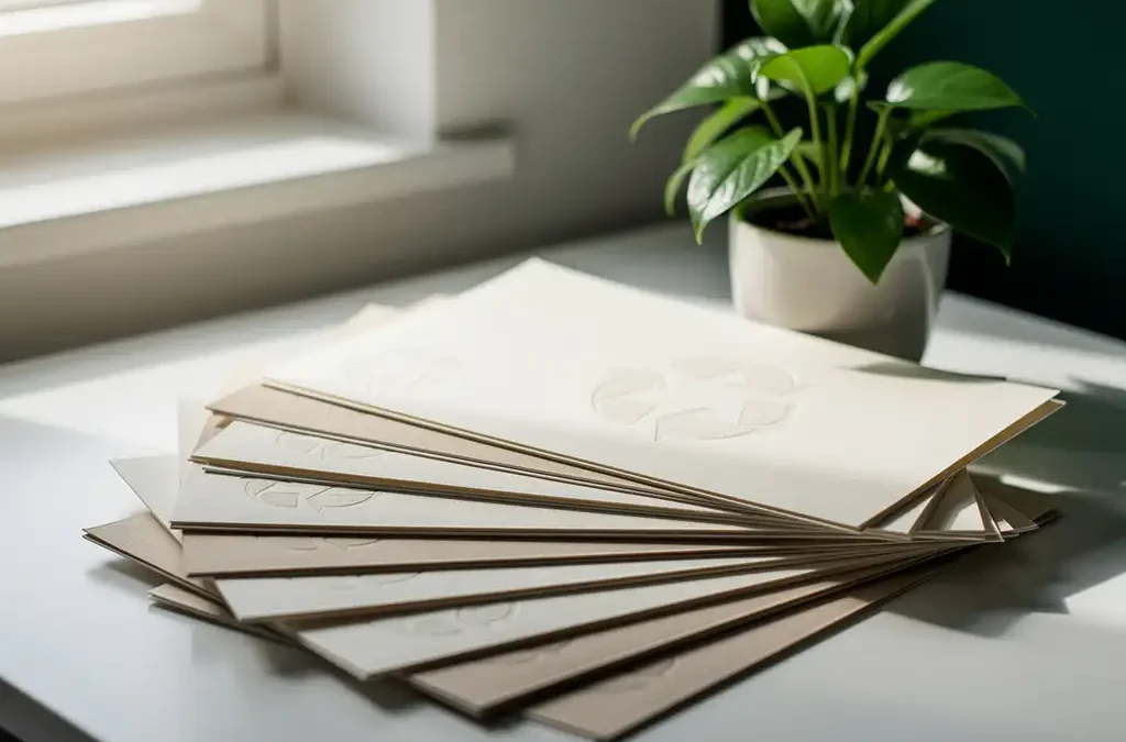 Gestapelde gecertificeerde documenten op wit bureau naast groene plant, verlicht door natuurlijk zijlicht.