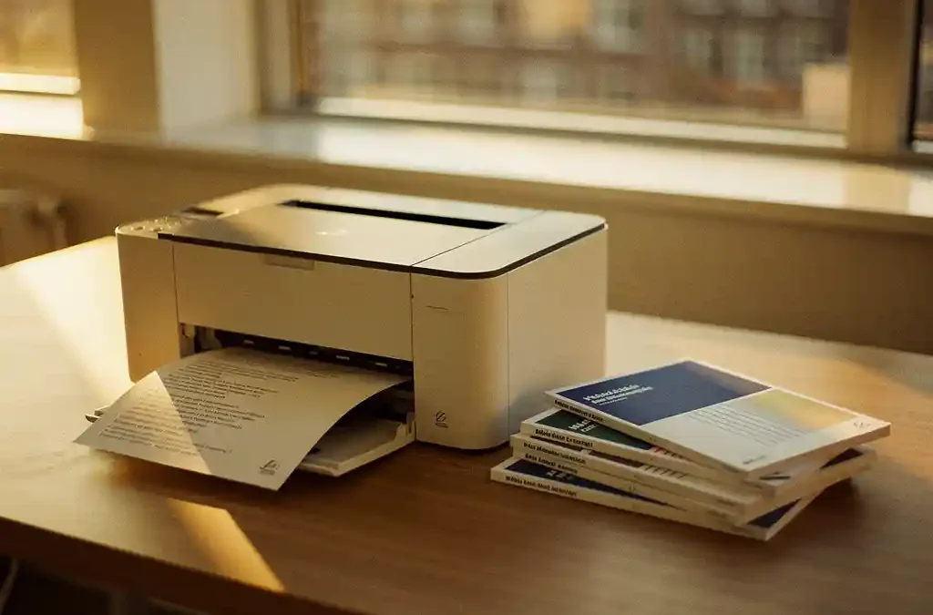 Meertalig document dat uit een compacte desktopprinter komt op een Amsterdams bureau, met gelokaliseerde handleidingen in meerdere talen.