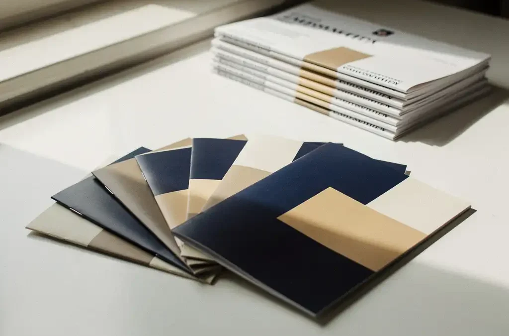 Gedrukte brochure, visitekaartjes en gevouwen catalogus op wit bureau in navy en crème tinten, met matte en glanzende oppervlaktetexturen.
