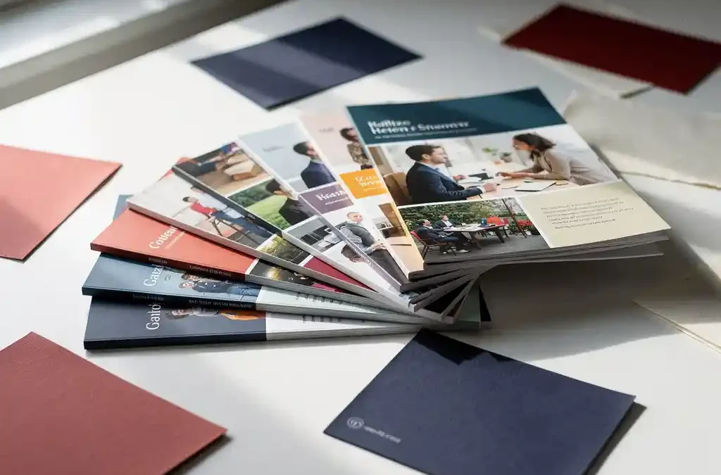 Gestapelde premium brochures met diverse kleurpaletten op wit bureau, omgeven door papierswatches in rood, indigo en crème, in zacht natuurlijk licht.