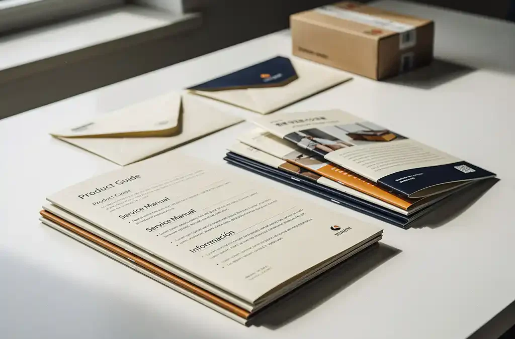 Gestapelde meertalige brochures, handleidingen en gevouwen folders op een wit bureau, met enveloppen en verzenddoos op de achtergrond.