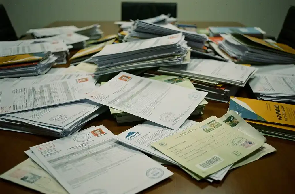 Wanordelijke stapels internationale verzendmanifesten en brochures op een vergadertafel, verlicht door zacht kantoorlicht.