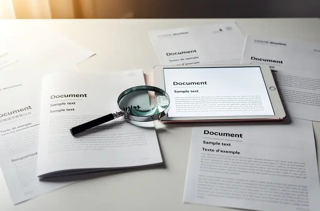Gedrukte handleiding en verlichte tablet met hetzelfde document naast elkaar op wit bureau, verbonden door een vergrootglas.