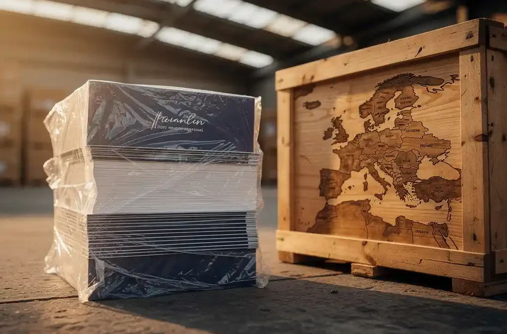Stapel vers gedrukte producthandleidingen in doorzichtige verpakking op een laaddok, met een Europese kaart op een houten kist.