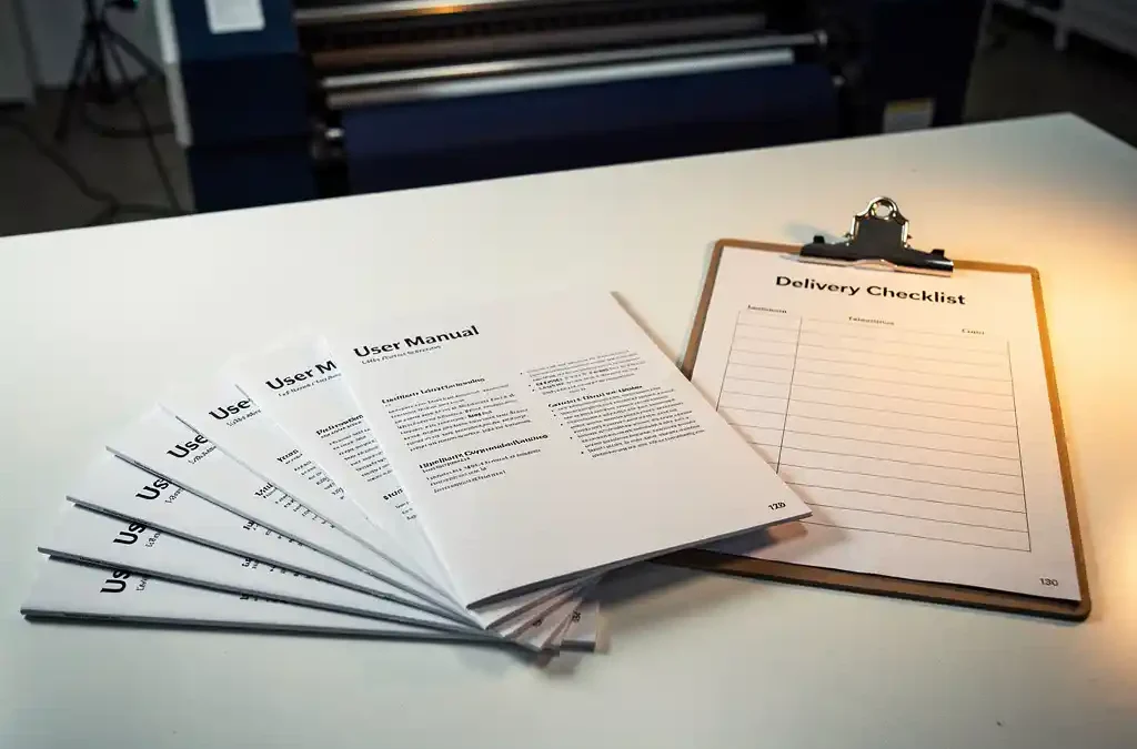 Gestapelde meertalige producthandleidingen uitgewaaierd op een productiebureau, met een klembord met afleverlijst ernaast en een drukpers op de achtergrond.