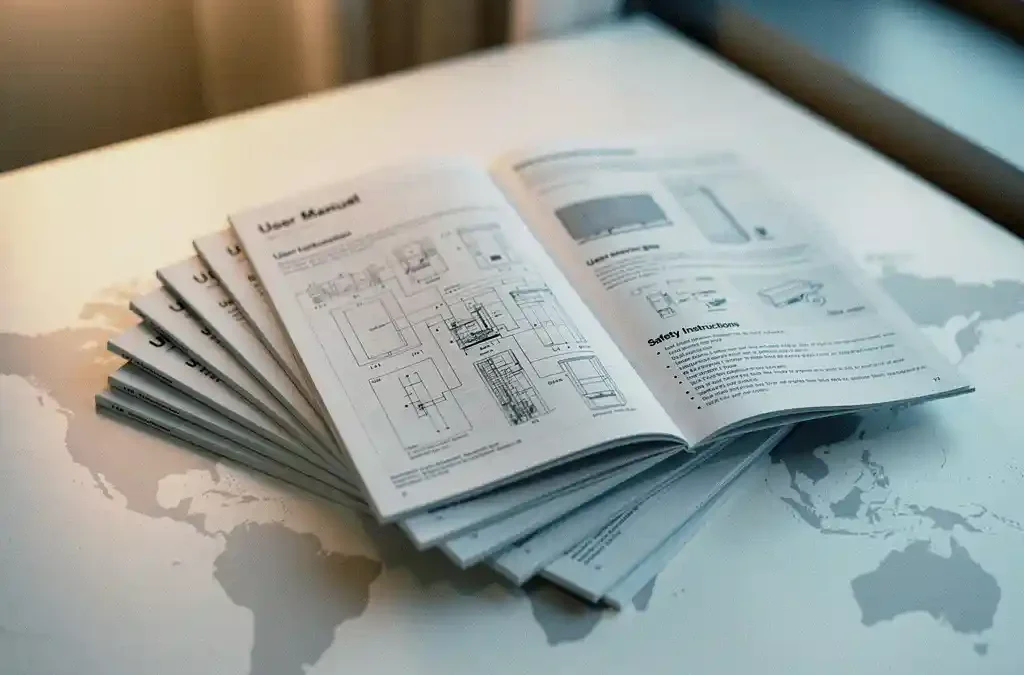 Producthandleidingen in meerdere talen uitgewaaierd op wit bureau, één open met technische diagrammen, wereldkaart zichtbaar eronder.