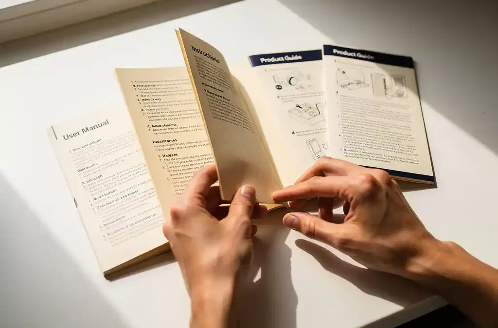 Handen die een meertalige instructiebrochure doorbladeren, naast producthandleiding en gevouwen folder op wit bureau, zacht natuurlijk licht.