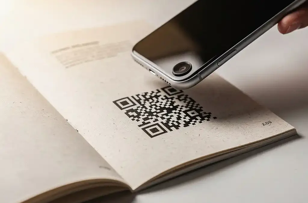 Opengeslagen producthandleiding op wit bureau met QR-code, smartphone scant de code van dichtbij.
