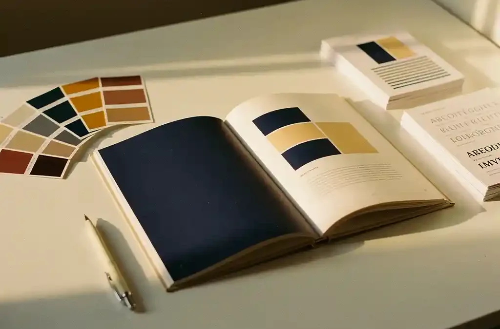 Openliggend opgemaakt document op wit bureau met kleurenstalen, stylus en typografievoorbeelden in warm goudkleurig licht.