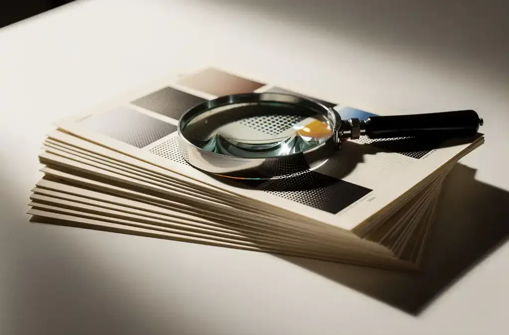 Kleurkalibratievelletjes uitgewaaierd op een witte studiotafel met een professionele loep die scherpe inktstippatronen onthult.