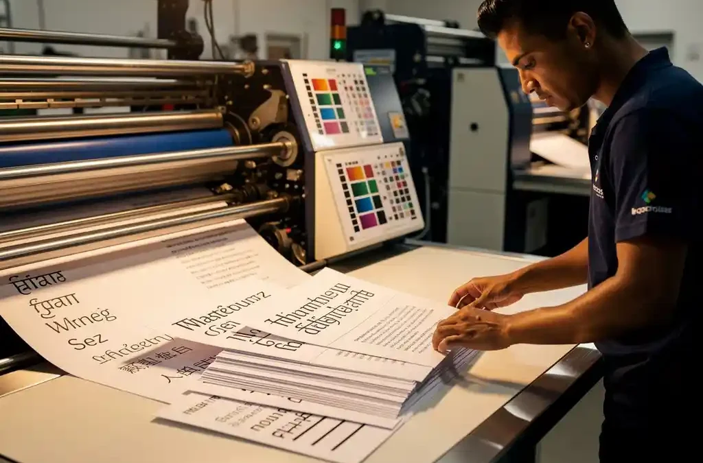 Drukker spreidt meertalige documenten in diverse schriften uit naast een offsetdrukpers met inktrollers en kleurregistratievellen op de achtergrond.