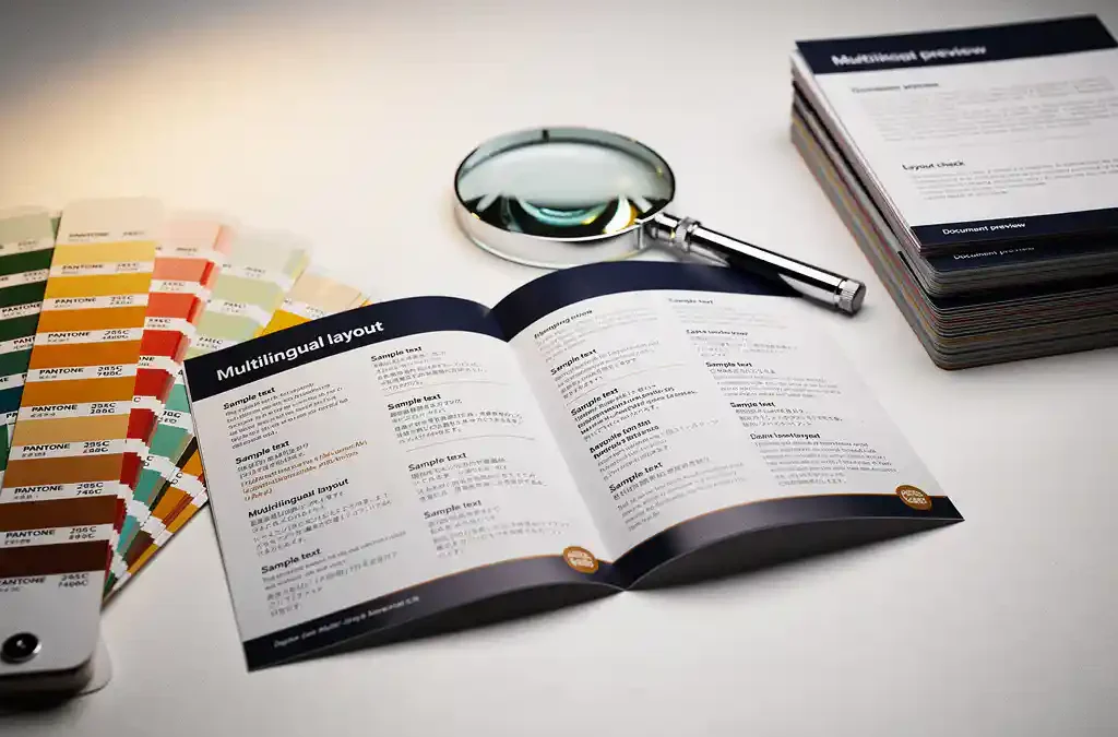 Meertalige brochure opengevouwen op wit bureau, omringd door Pantone kleurenwaaier en loep, warme amber en marineblauw tinten.