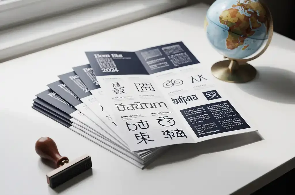 Meertalige brochures uitgewaaierd op wit bureau met globe en stempel, crisp typografie in meerdere scripts, warm natuurlijk licht.