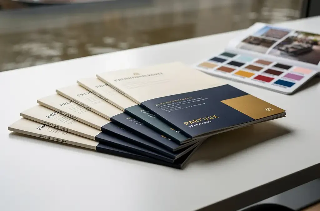 Gestapelde meertalige brochures in Europese talen op wit bureau, met Pantone-kleurenboek en zacht Amsterdams kanaallicht.