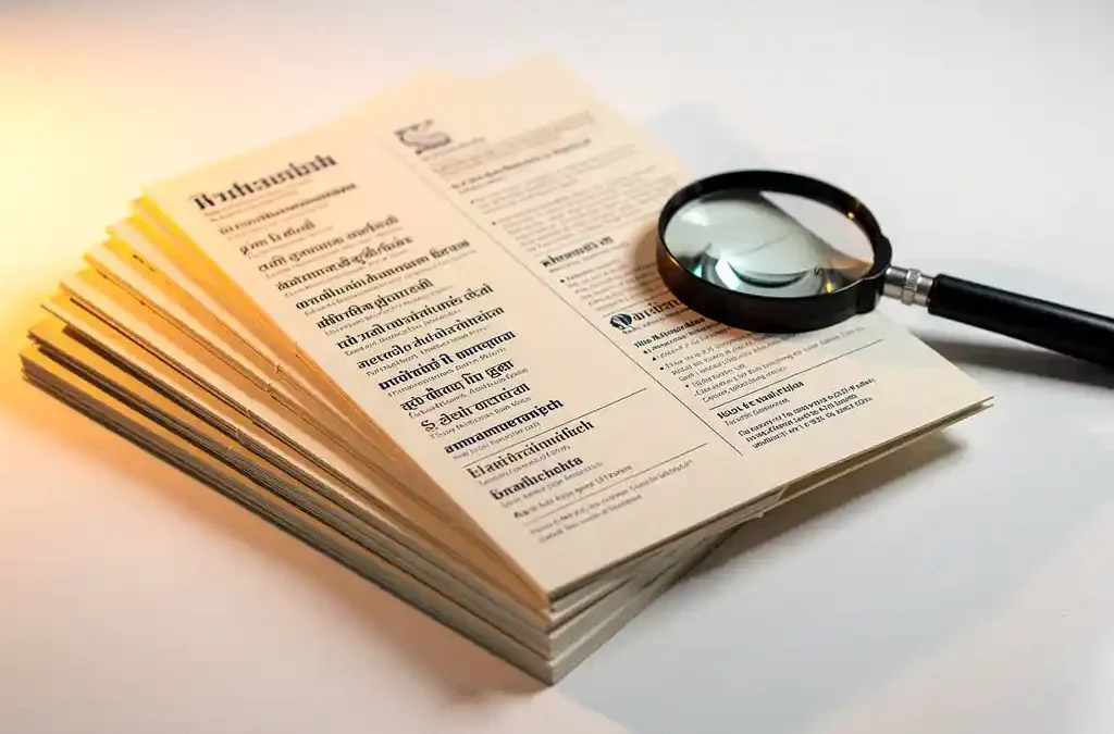 Meertalige brochures uitgewaaierd op wit bureau, één open met kolommen in verschillende schriftsoorten, professionele loep ernaast, warm goudkleurig licht.