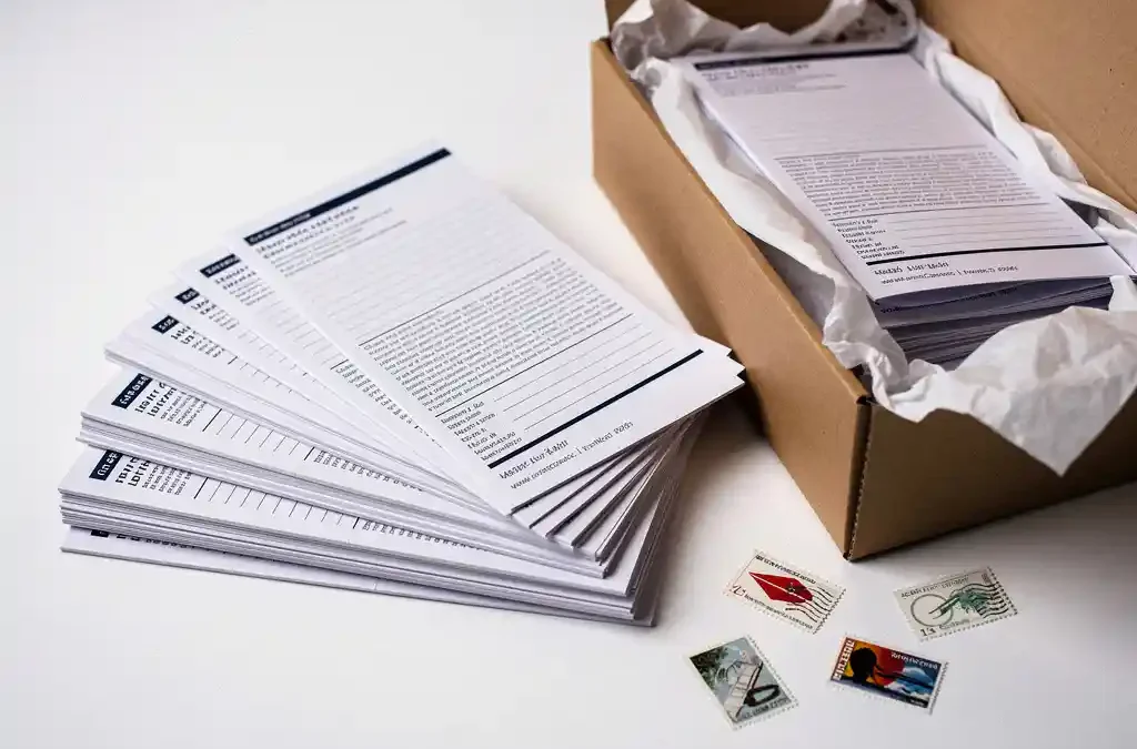 Meertalige brochures en instructiehandleidingen uitgewaaierd naast een open kraft verzenddoos met tissuepapier en internationale postzegels.