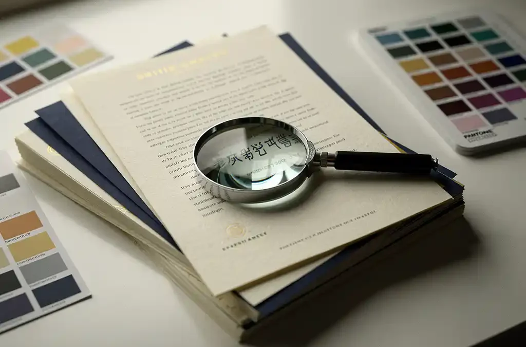 Meertalige gedrukte documenten uitgewaaierd op een witte tafel, met een loepvergrooter en Pantone-kleurengids in ivoor- en marineblauw tinten.