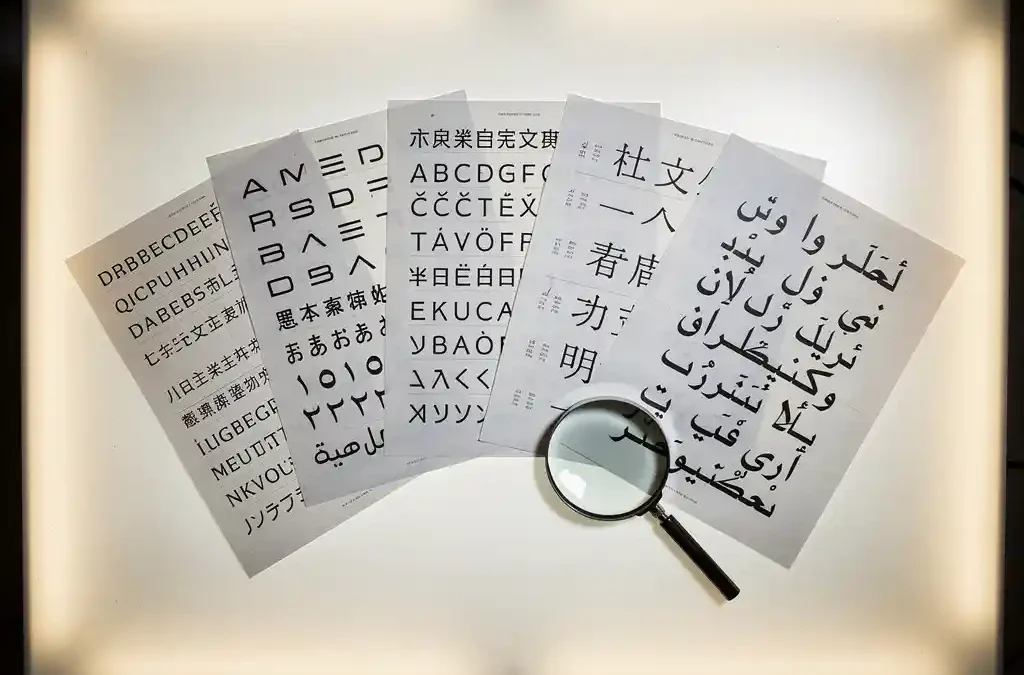 Meertalige drukproeven in Latijns, Japans en Arabisch schrift uitgewaaierd op een lichtbak, met een vergrotingsloup erop.