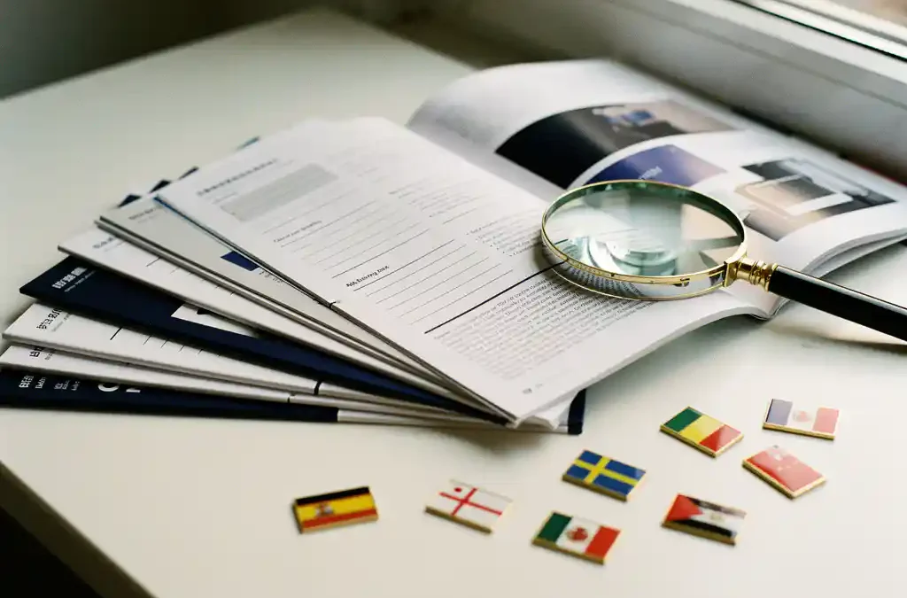Meertalige producthandleidingen en brochures uitgewaaierd op wit bureau, met vergrootglas op opengeslagen pagina en vlaggenspeldjes.