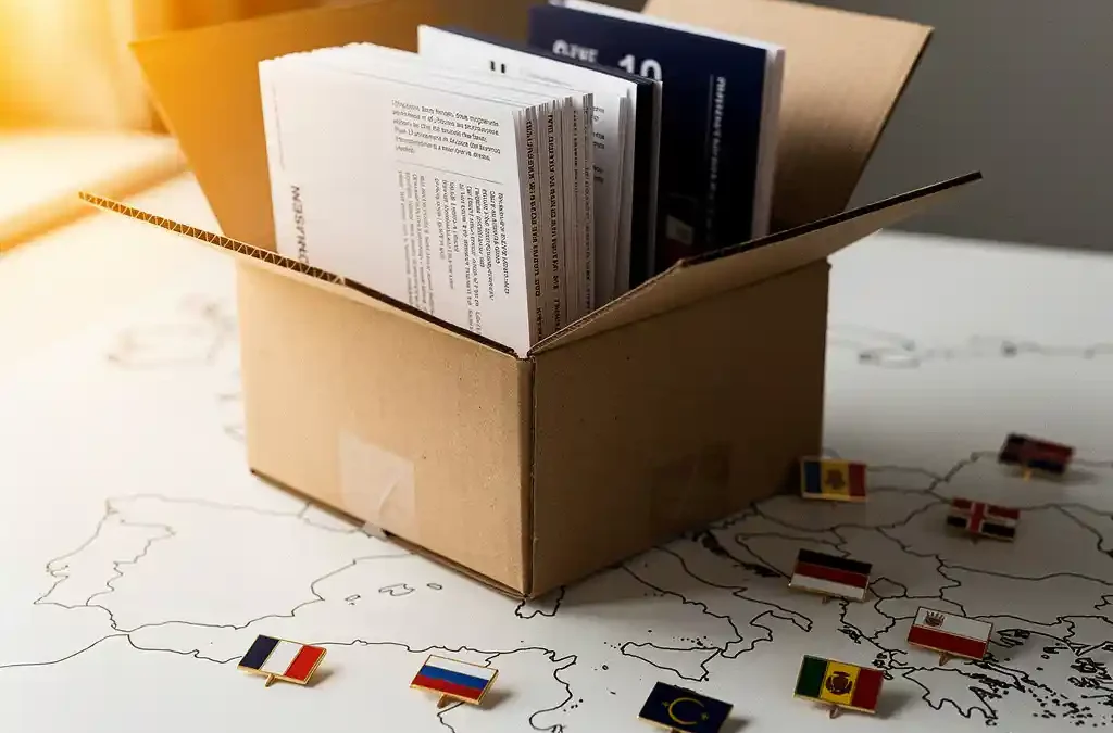 Kartonnen verzenddoos gevuld met meertalige producthandleidingen, omringd door Europese vlagpinnen op een witte desk.