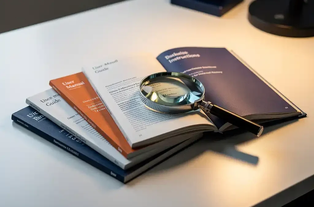 Meertalige gedrukte handleidingen uitgewaaierd op wit bureau met professionele loep, warme belichting en ondiepe scherptediepte.