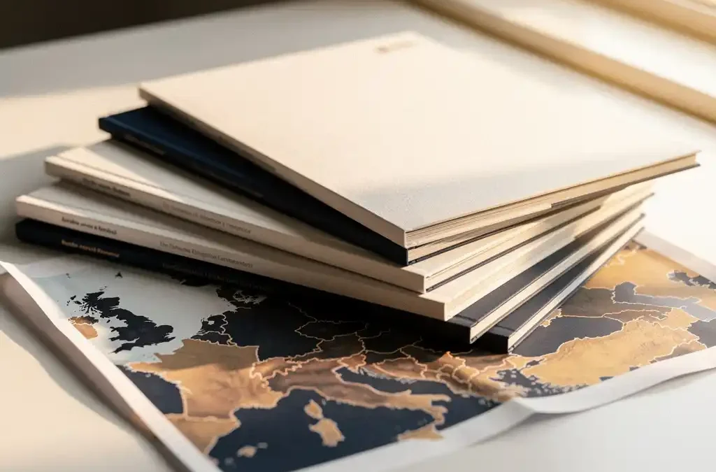 Meertalige producthandleidingen uitgewaaierd op wit bureau, met een Europese kaart op mat papier eronder, warm zijlicht.