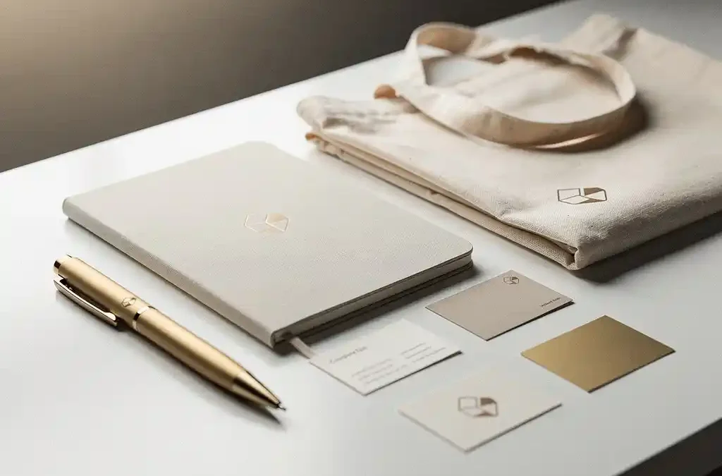 Gebrandmerkte pen, notitieboek en tas op wit bureau met geometrisch logo, crème en goudtinten, papierswatches voor afwerkingsopties.