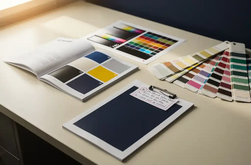 Opengeslagen merkrichtlijnen naast kleurgeijkte proefdruk, Pantone-stalen en revisienotitie op een opgeruimd drukkersbureau.