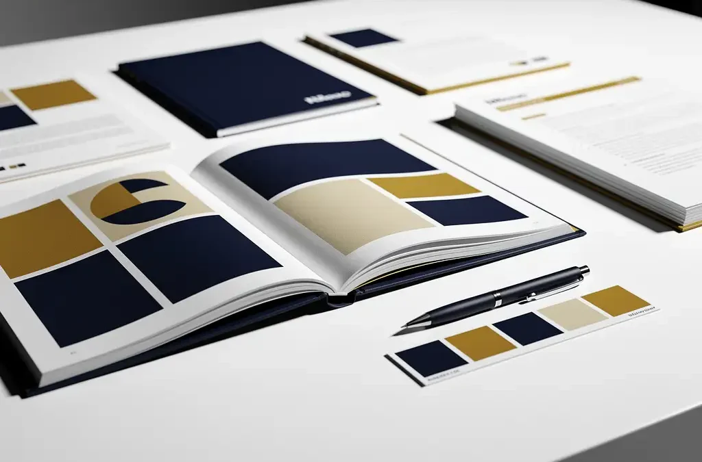 Open merkstijlgids op wit bureau met kleurstalen kaart, ontwerpen in marineblauw, goud en wit, en een fijne pen ernaast.