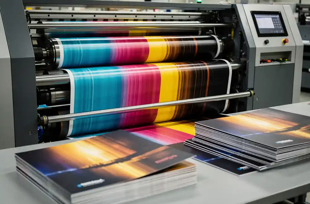 Offset drukpers en digitale printer op productievloer, met gestapelde brochures op de voorgrond en zichtbare inktrollen.