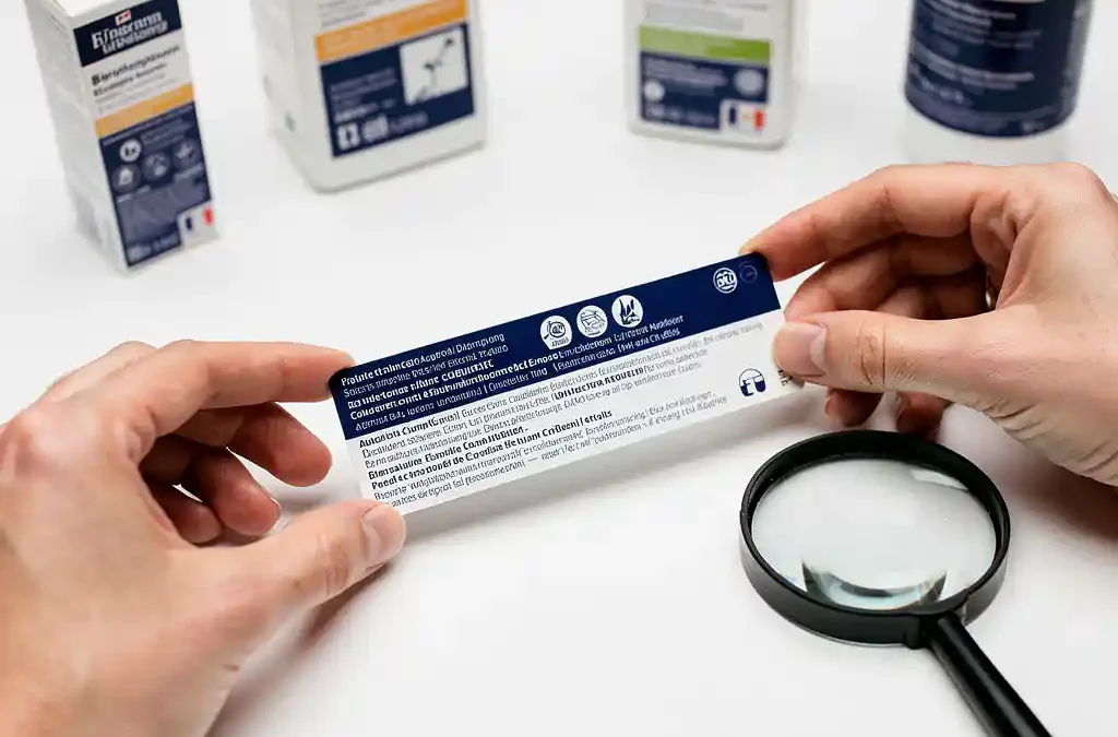 Productlabel op studiotafel naast Europese consumentenproducten met meertalige verpakkingen en een vergrootglas.