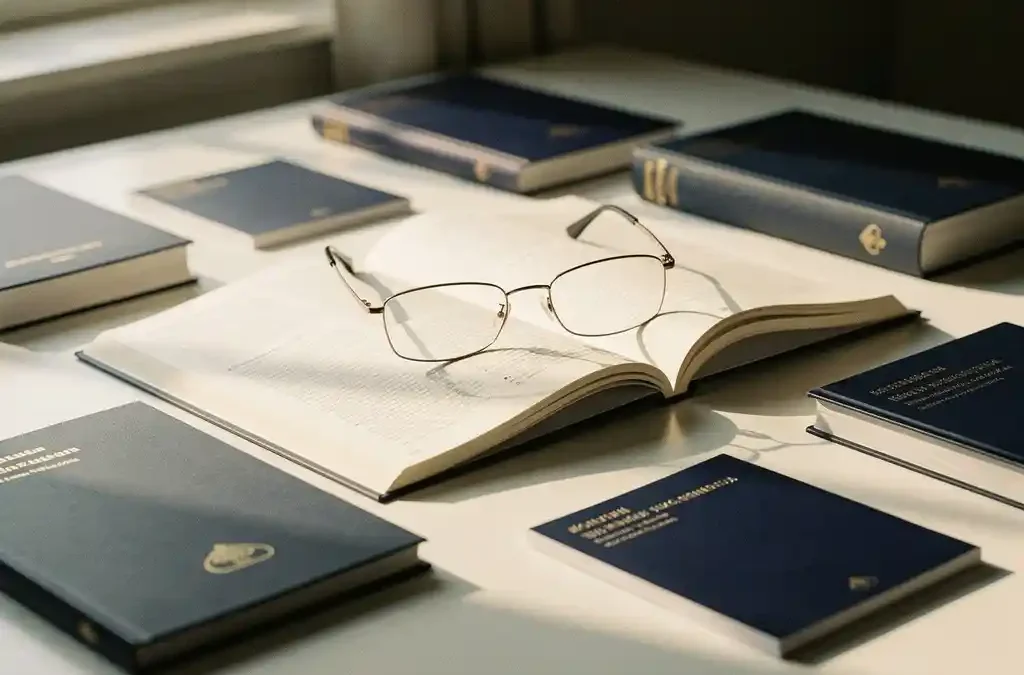 Opengeslagen producthandleiding op wit bureau, omringd door meertalige boekjes en een leesbril, zacht Europees middaglicht.