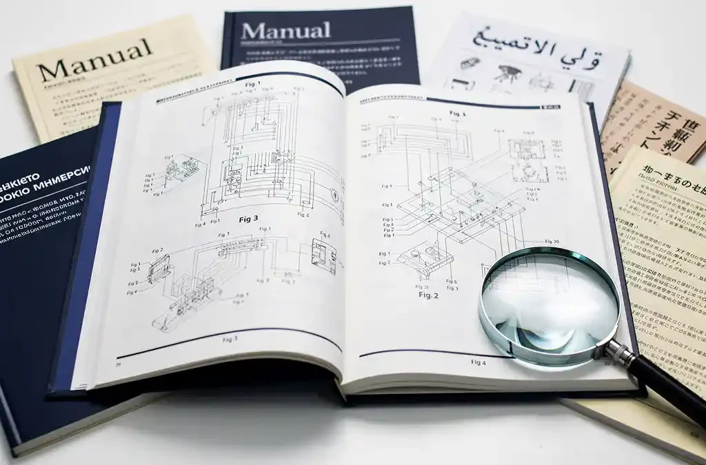 Open producthandleiding met technische diagrammen, omringd door boekjes in Latijns, Arabisch, Japans en Cyrillisch schrift op wit bureau.