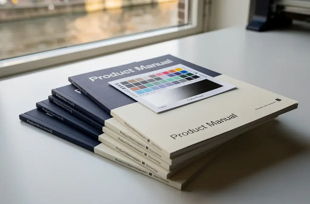 Meertalige producthandleidingen uitgewaaierd op een witte werktafel met kleurkalibratievel, zacht Amsterdams kanaallicht op papier.