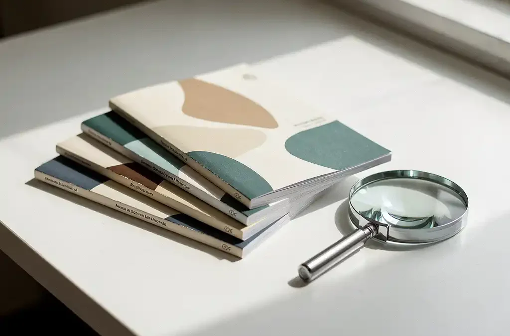 Meertalige producthandleidingen in verschillende kleuren uitgewaaierd op wit bureau, met vergrootglas ernaast in zacht natuurlijk licht.